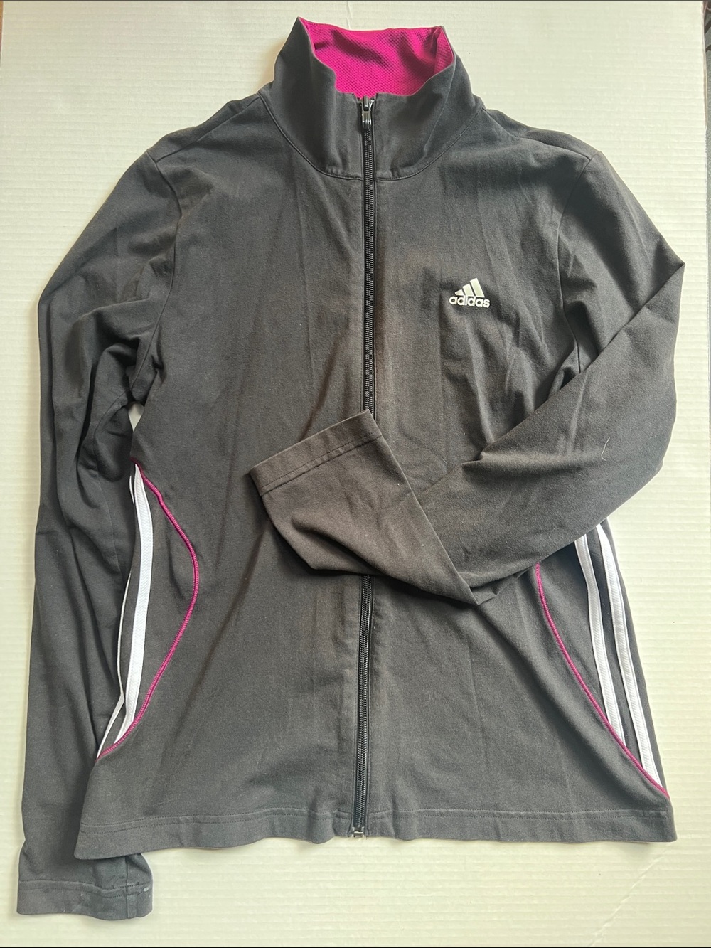 adidas Black Zip-Up Track Jacket with Pink Trim and White Stripes